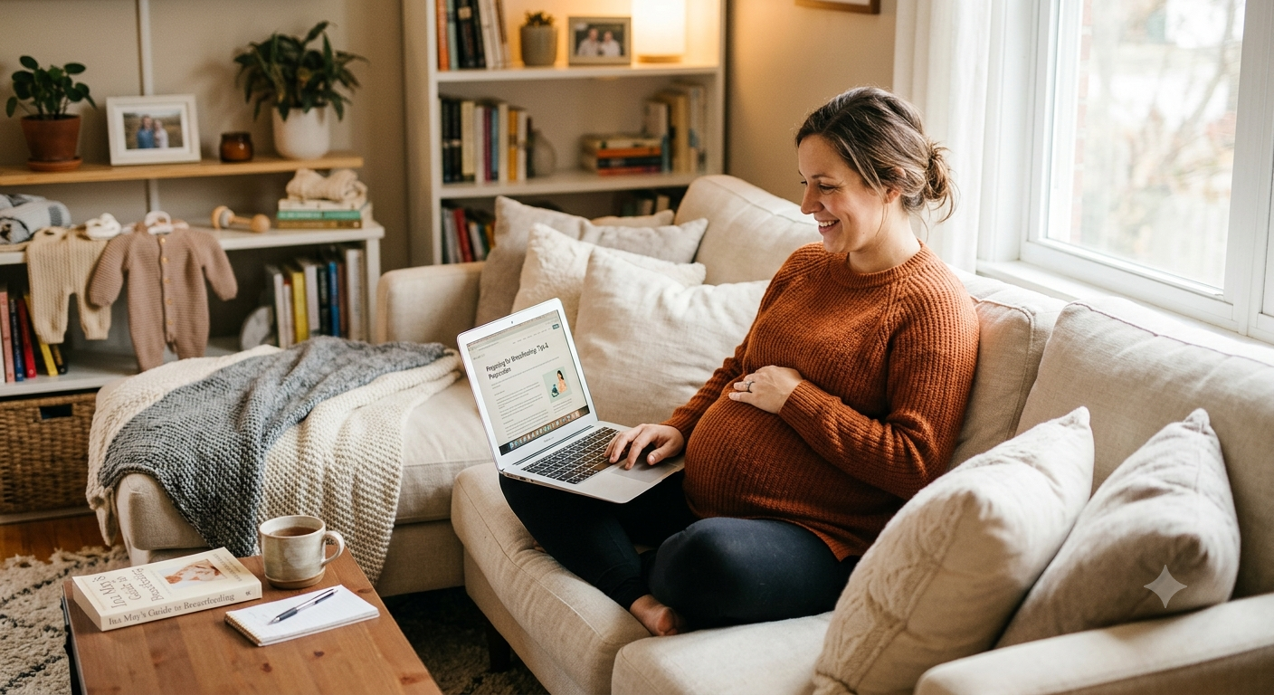 An expecting mother preparing for her breastfeeding journey ahead of her baby's arrival.